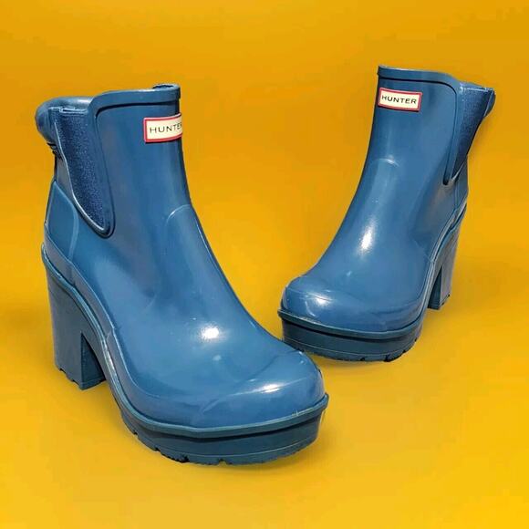 HUNTER TEAL CHUNKY BLOCK HEEL CHELSEA RAIN BOOTS Women's Size 8 - Picture 1 of 12